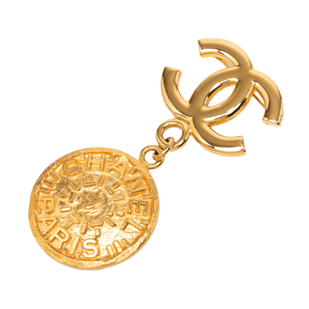 Pre-Loved Chanel CC Gold Plated Medallion Drop Pin Brooch